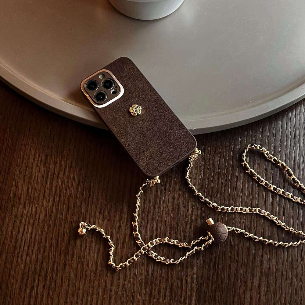 Brown Suede iPhone Case with Camellia Emblem & Crossbody Gold Chain, Premium Protective Cover Compatible with iPhone 17 Pro Max/16/15 Pro Max/13