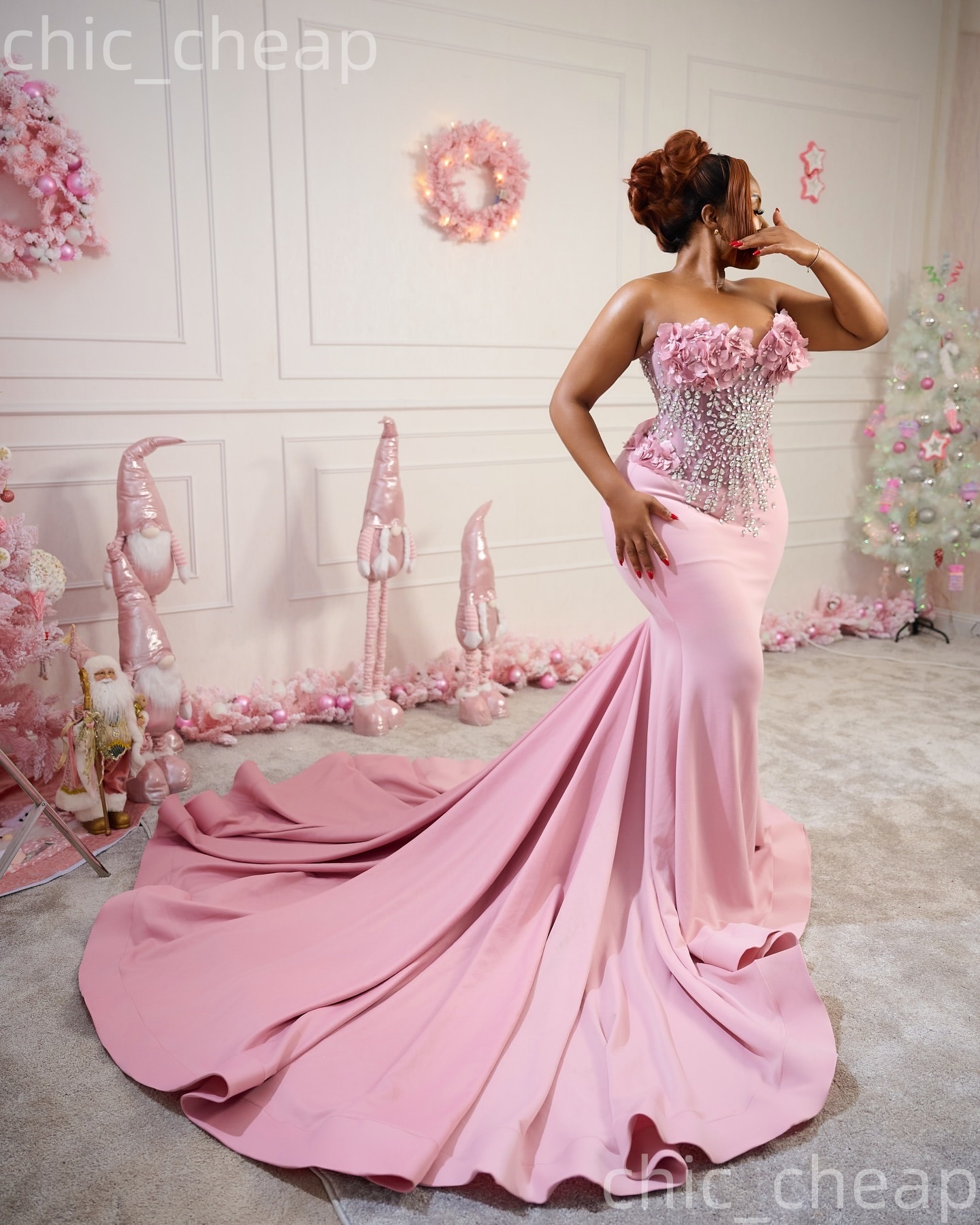 Aso Ebi Blush Pink Mermaid Prom Dresses 2026 Flowers Crystals Satin Evening Formal Party Second Birthday Engagement Gowns Dress For Special Occasions