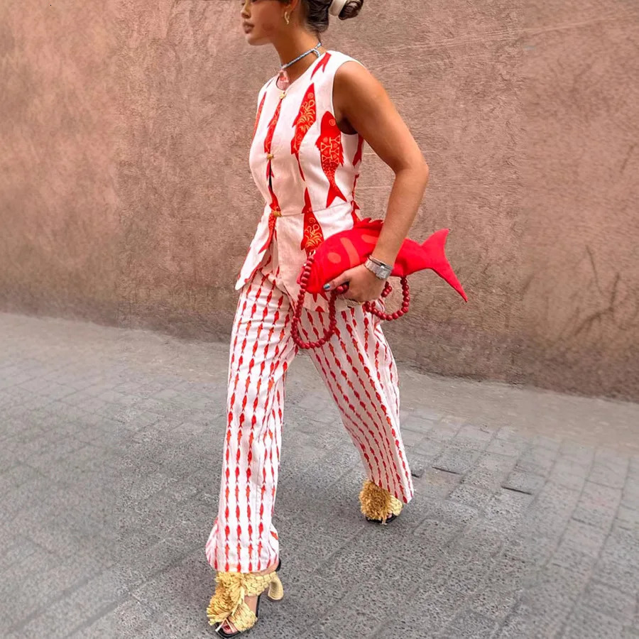 Summer Women Cartoon Red Fish Print O Neck Tank Top And Straight Female Long Pants Short Sleeve Shirt Wide Leg Pant 2 Piece Sets 260109