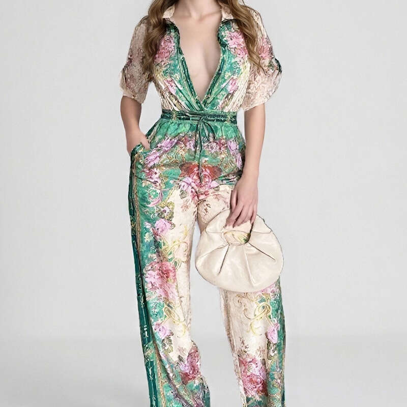 2026 Spring New European and American Elegant Sexy V-Neck Vintage Floral Print Jumpsuit