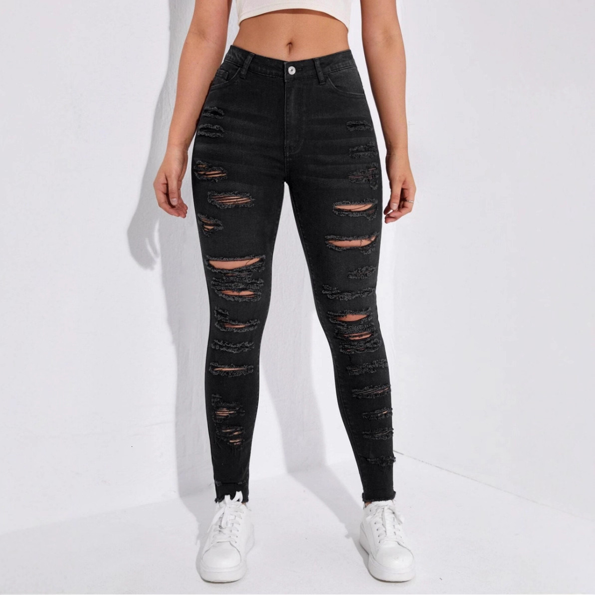 New Distressed High Waisted and Small Foot Multi Buttonhole Jeans for Women's Clothing