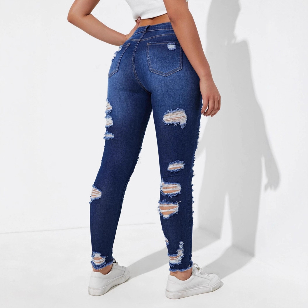 New Distressed High Waisted and Small Foot Multi Buttonhole Jeans for Women's Clothing