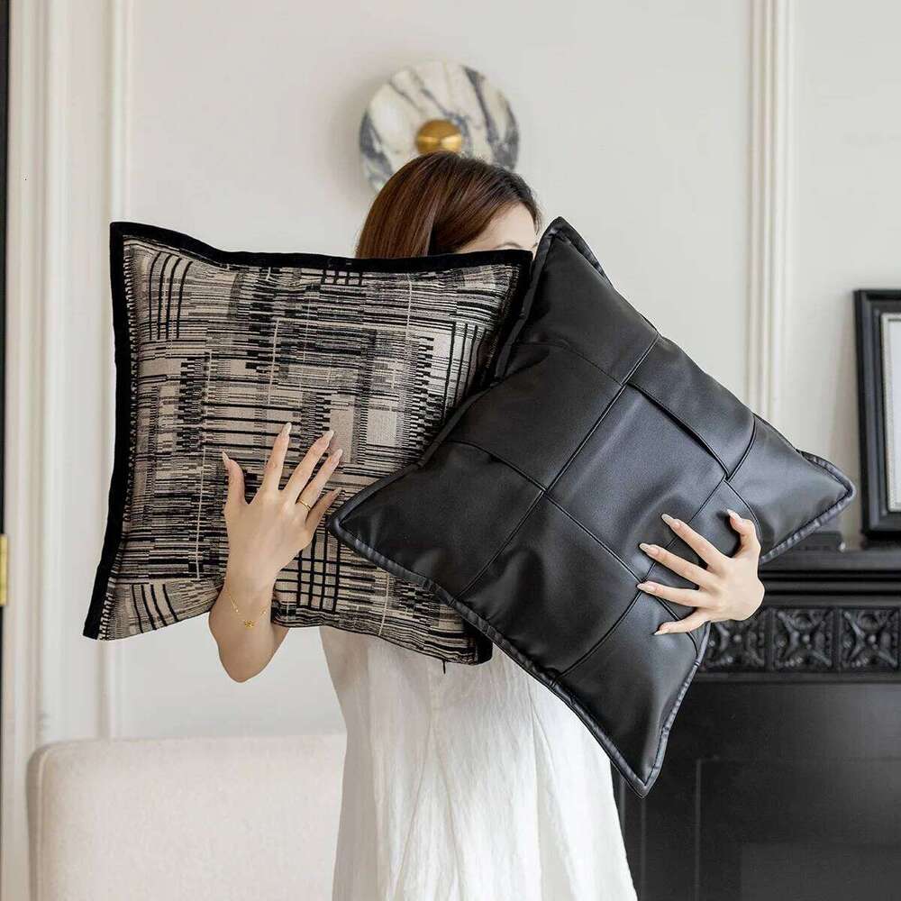 Italian Black And White Sofa Cover Hotel Living Room Backrest Cushion Luxurious Designer Leather Woven Pillowcase