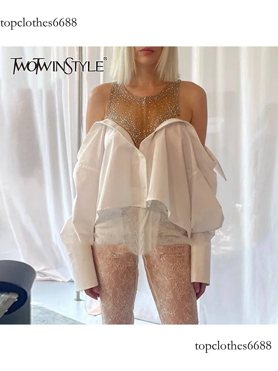 TWOTWINSTYLE Hit Color Sheer Spliced Hot Fix Fashion Blouses for Women Round Neck Long Sleeves Patchwork Folds Blouse Female New
