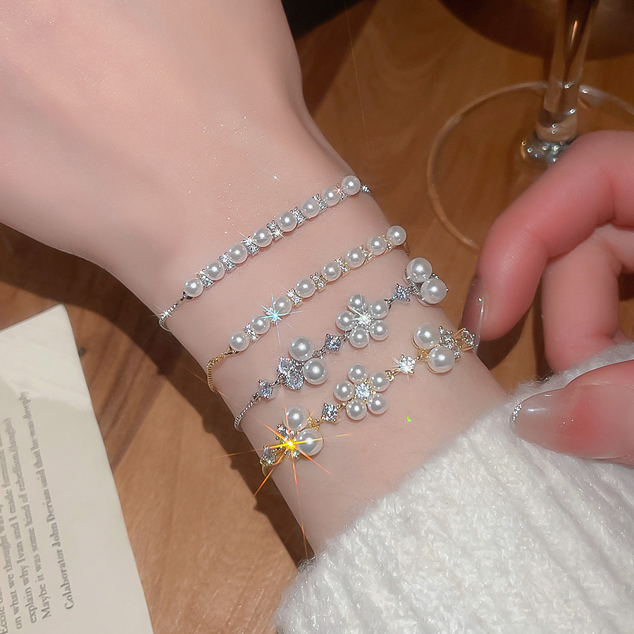 French Style Zircon Flower Pearl Bracelet Light Luxury High-End Niche Elegant Wristband Daily Versatile Women's Jewelry - view 3