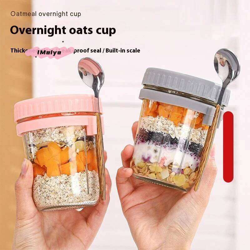 1/2Pcs 350ml Reusable Glass Overnight Oats Jar with Spoon Oatmeal Container Food Storage Organizer for Breakfast