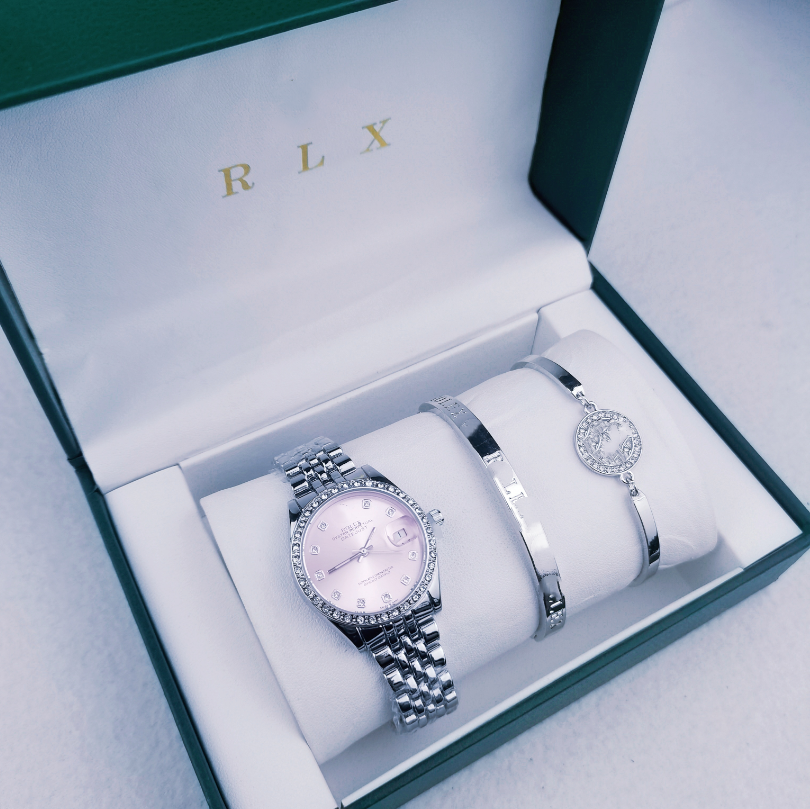 new3-piece set of 5-piece watch luxury designer high-quality women's pink dial hollow strap fashionable gold bracelet quartz watch student women's watch Reloj Mujer