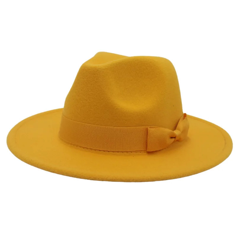 Wide Brim Cream Bow Fedora Hats for Women Men Autumn Winter Solid Color Jazz Top Hat for Wedding Party Church Panama Felt Cap 260109