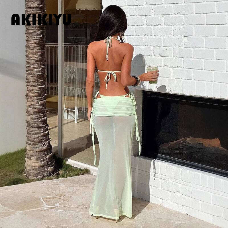 Three Pieces Hollow Out Swimsuit With Cover Up Sexy Swimwear Women Bikini Female Swimming Suit Long Skirt Bodysuit Beachwear AKIKIYU