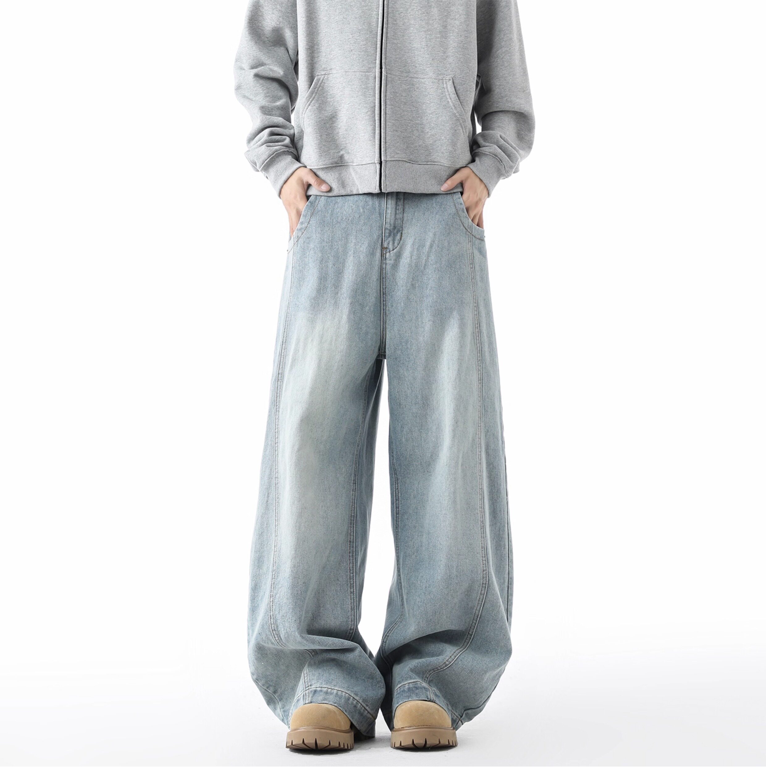 Men's American Streetwear Baggy Wide-Leg Jeans - Vintage Washed Slouchy Straight-Leg Casual Pants for Fall