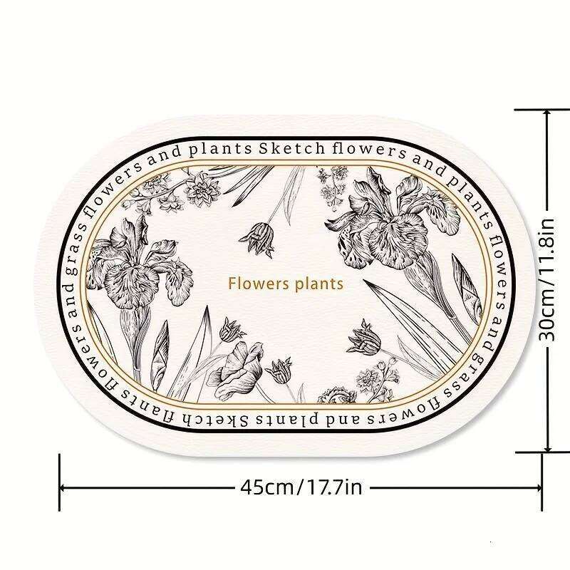 Floral Elliptical Placemats, PU Leather Sketch Flowers Pattern Table Mats, Waterproof Heat-Resistant Non-Slip Wipeable Dining