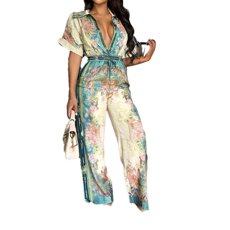 2026 Spring New European and American Elegant Sexy V-Neck Vintage Floral Print Jumpsuit