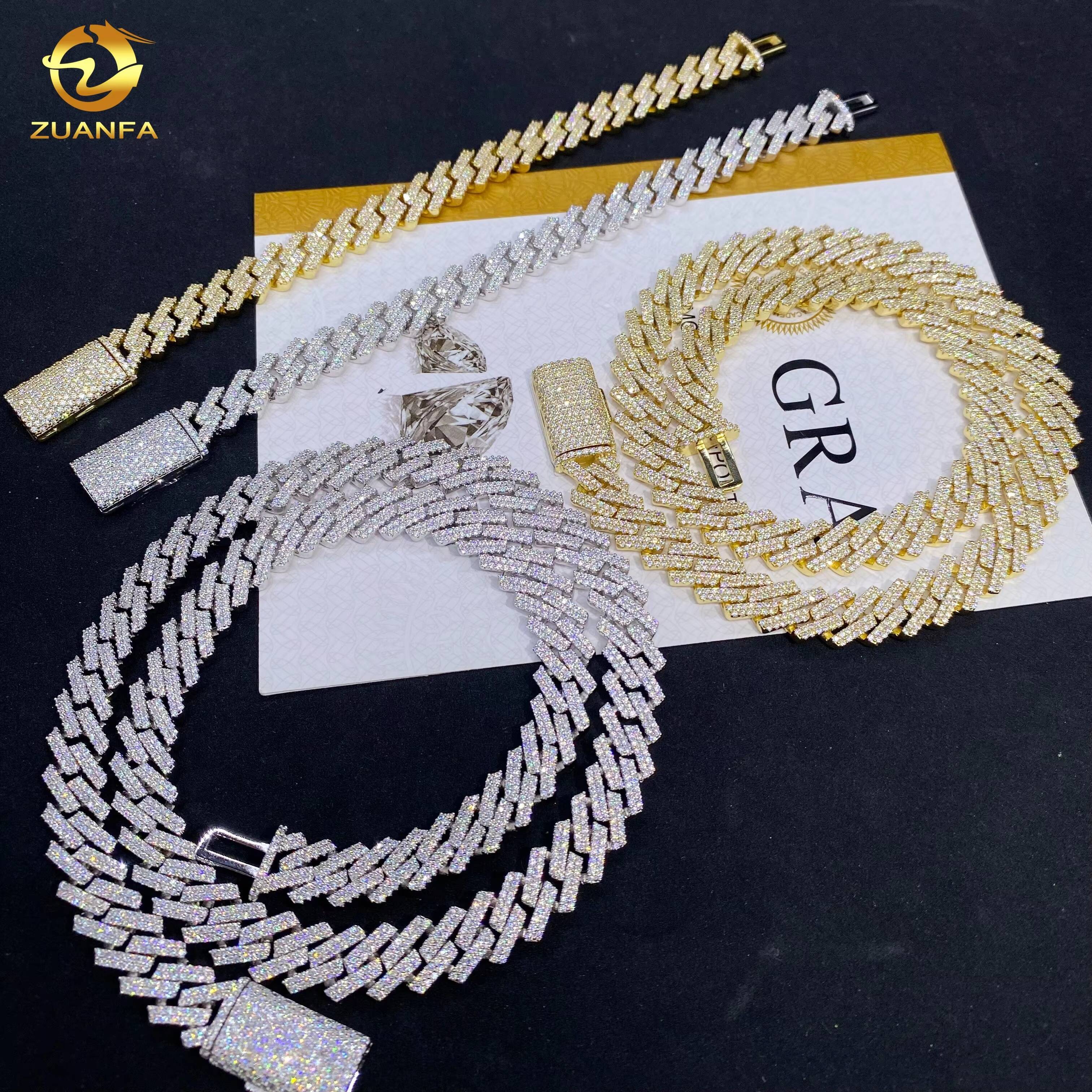 High Quality Gold Plated 10mm 2Row Iced Out Hip Hop Jewelry Miami Cuban Bracelet 925 Silver VVS Moissanite Diamond Necklace