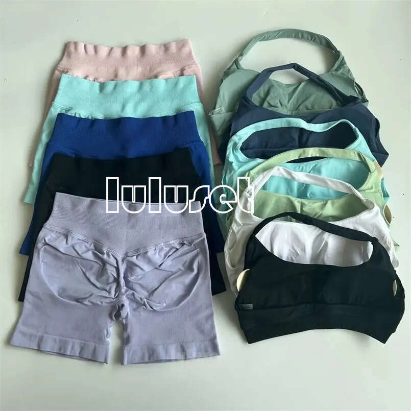 NEW 2 Pieces Impact Set Women Halter Yoga Bra Top High Waist Workout Scrunch Shorts Seamless dfynely set shorts Gym Suit Fiess Clothes Sportwear leggings set