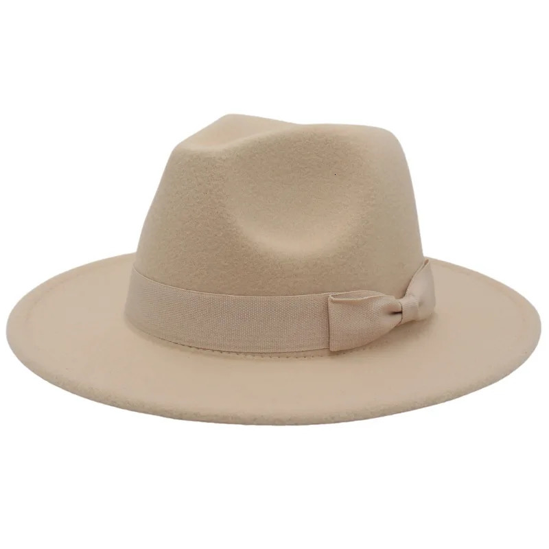 Wide Brim Cream Bow Fedora Hats for Women Men Autumn Winter Solid Color Jazz Top Hat for Wedding Party Church Panama Felt Cap 260109