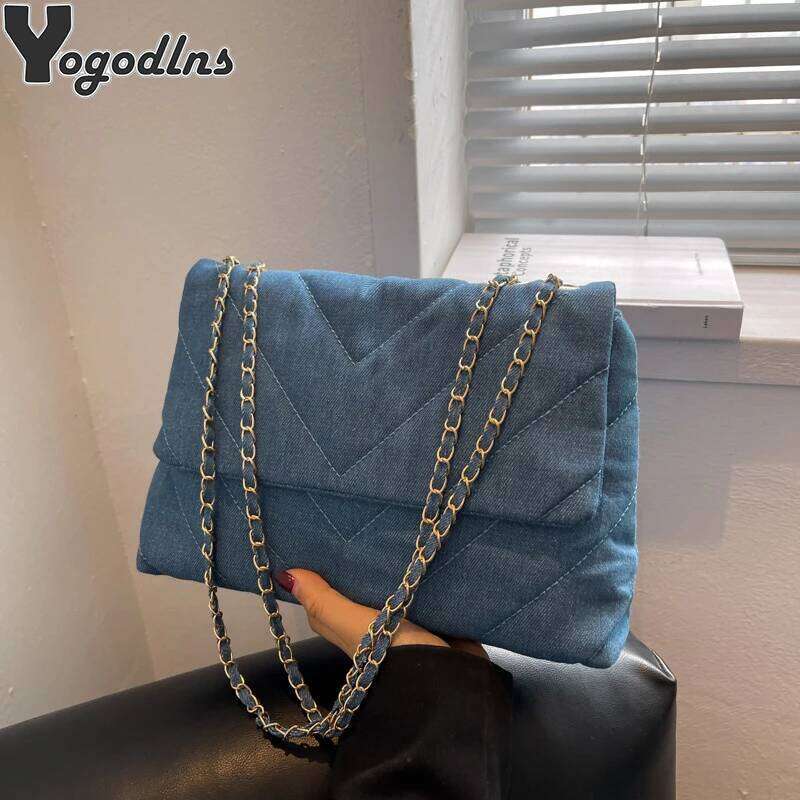 Fashion Summer Jeans Denim Shoulder Crossbody Bag Women Canvas Girl Chain Handbag Luxury Designer Quilted Tote Bags