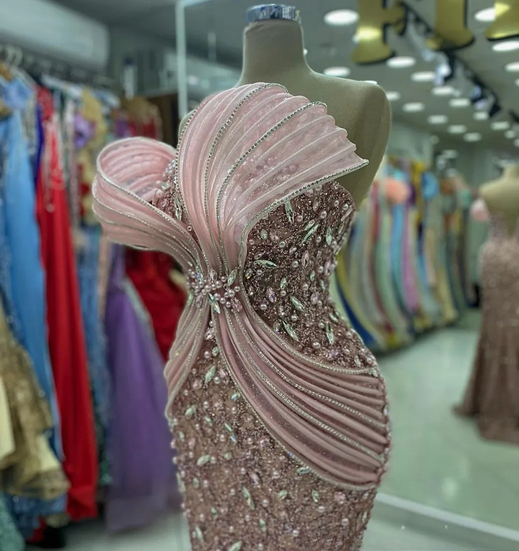 Plus Size Dusty rose Pink Prom Dresses for Black Women Promdress Illusion Beaded Lace Pearls Rhinestones Decorated Birthday Party Dress Second Recepti
