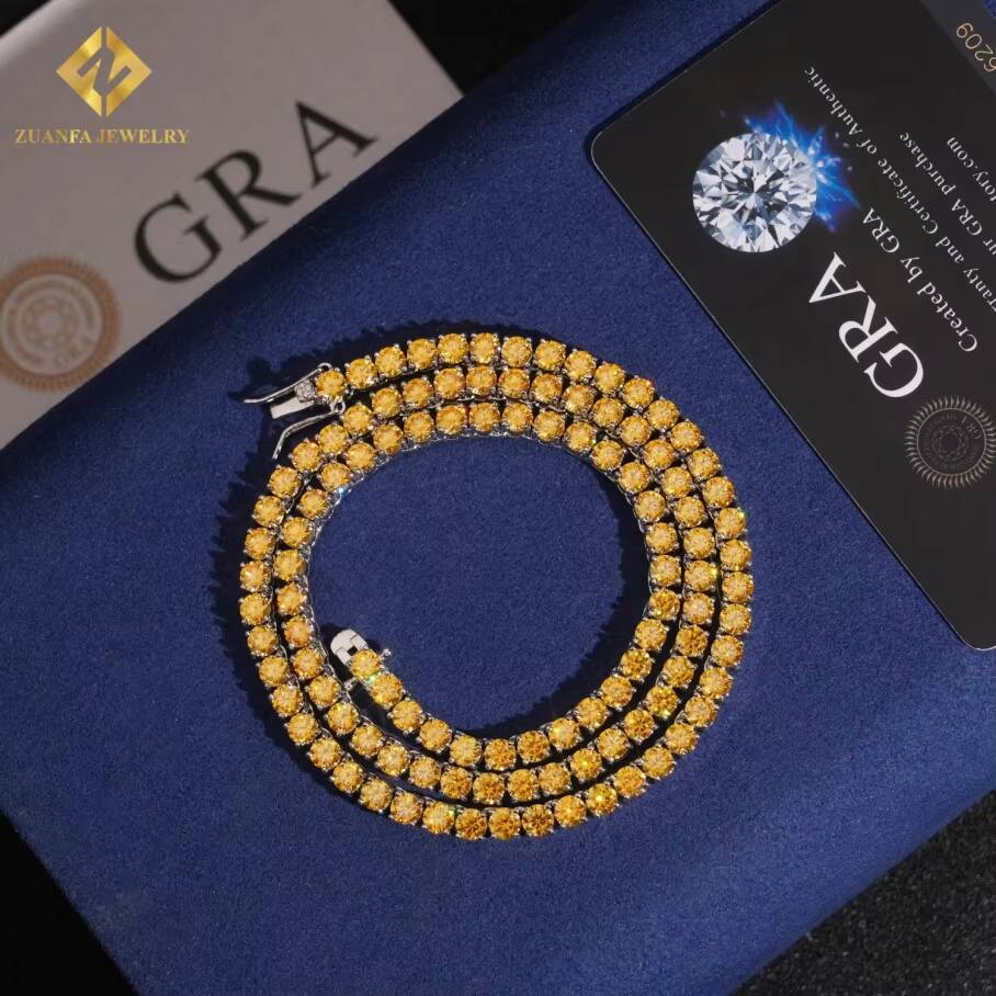 New Arrival Luxury Round Brilliant Cut Yellow Gold 4mm Moissanite 925 Silver Moissanite Tennis Chain Pass Diamond Test with GRA