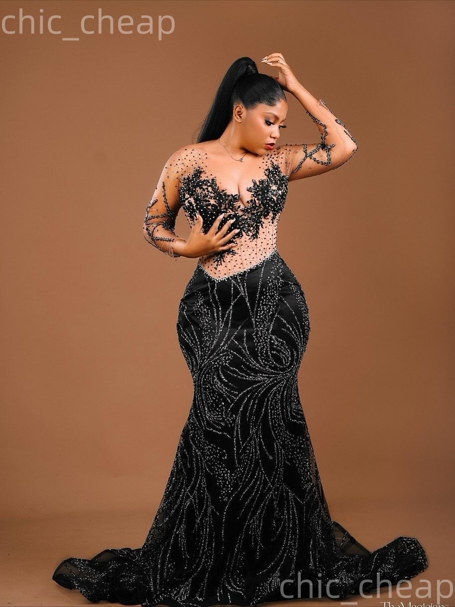 Aso Ebi Black Mermaid Prom Dresses 2026 Beaded Applique Sequined Illusion Evening Formal Party Second Birthday Engagement Gowns Dress For Special Occa