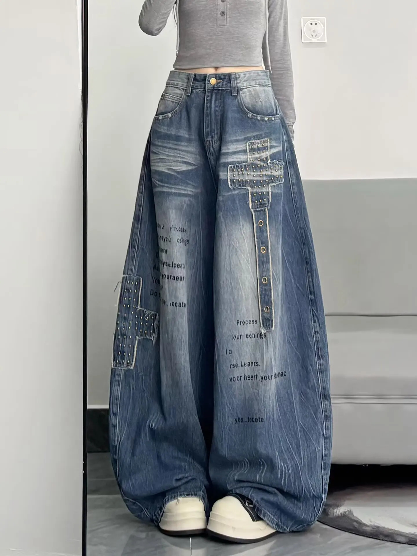 American high street floor embroidered denim retro womens autumn waisted loose wide leg pants Y2K straight 260113 - view 3