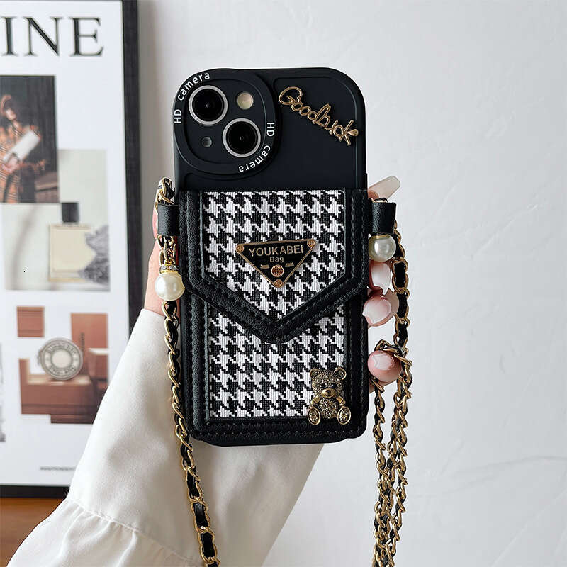Crossbody iPhone Case with Coin Purse & Card Holder, Houndstooth Leather Design with Bear Emblem & Triangle Logo, Compatible with iPhone 17 Pro Max/16