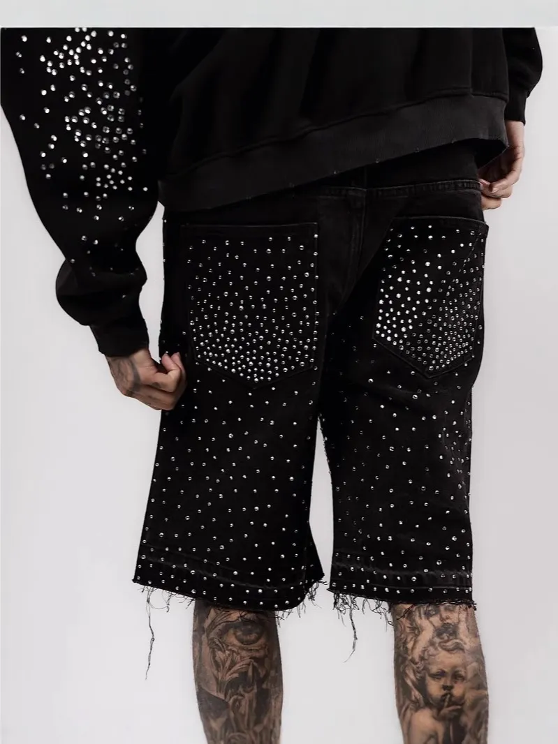 Men's Jeans American Retro Wash High Street Denim Shorts Men Women Straight Wide Legs Distressed Loose Casual Versatile Cropped