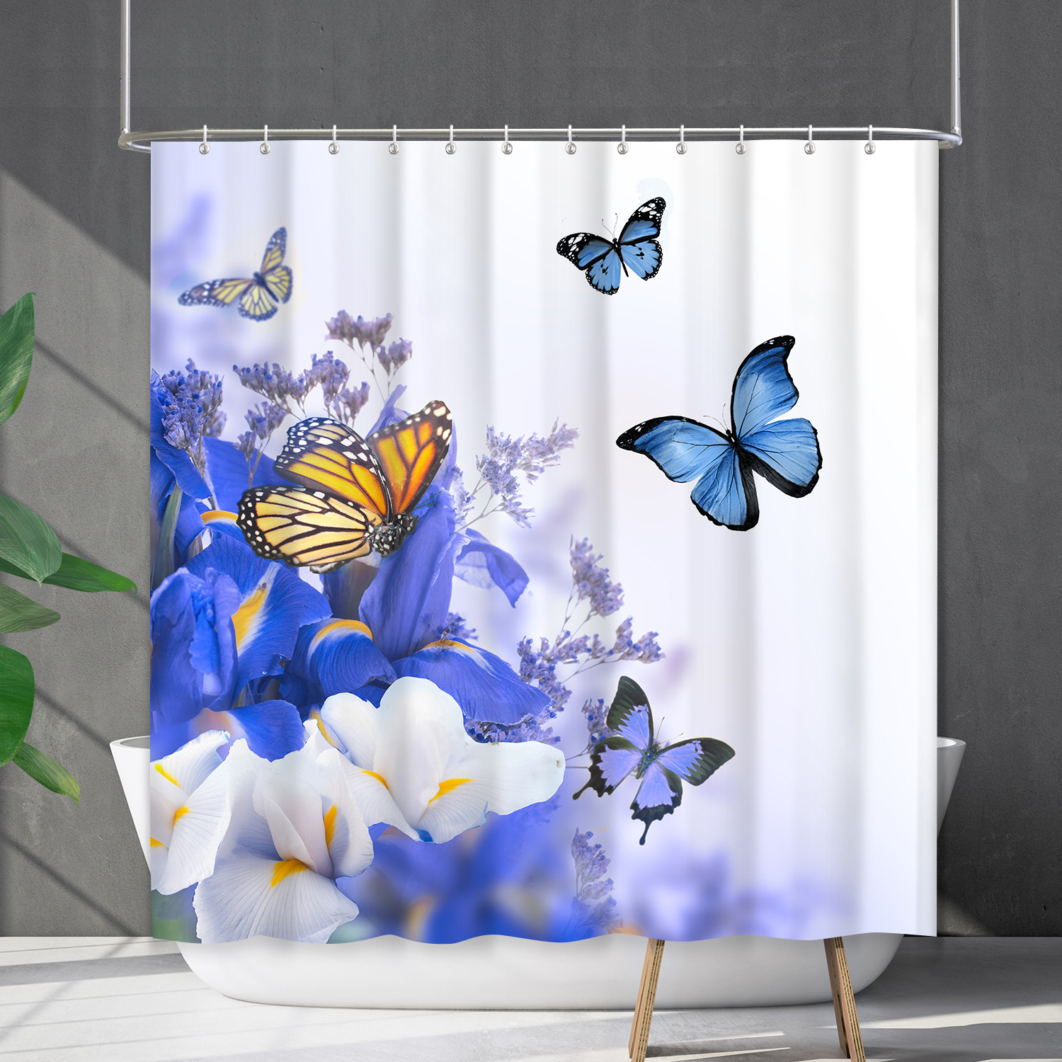 YL-38166 Waterproof Shower Curtain Set with Floral Designs, Flowers, Plants, and Butterflies - No Drill Required