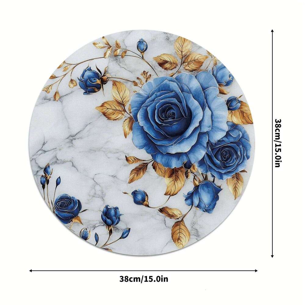 Set Of Blue Rose Patterned Round Heat Resistant Modern Art Style Decorative Placemats Table Decoration