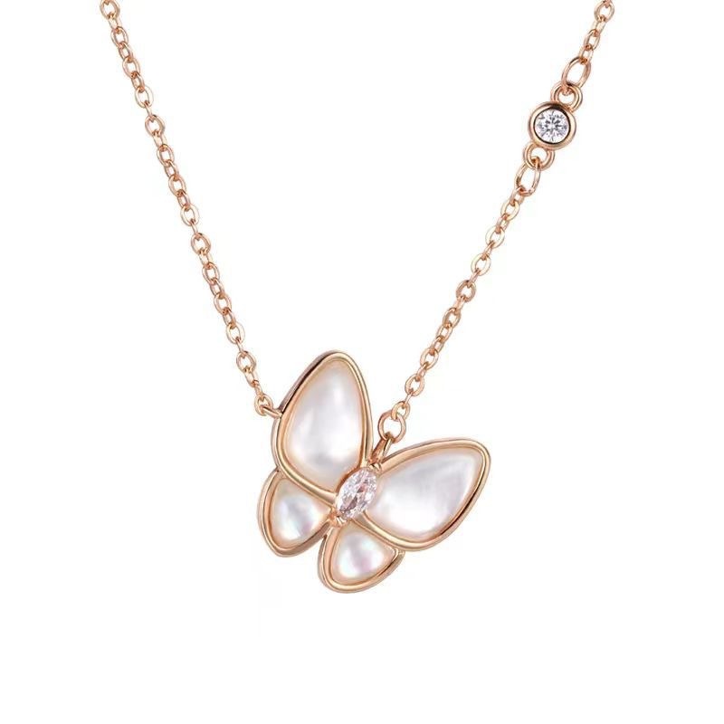 Women's White Mother of Pearl Butterfly Necklace Luxury Trendy Cubic Zirconia Collarbone Chain Elegant Daily Wear Gift for Girlfriend