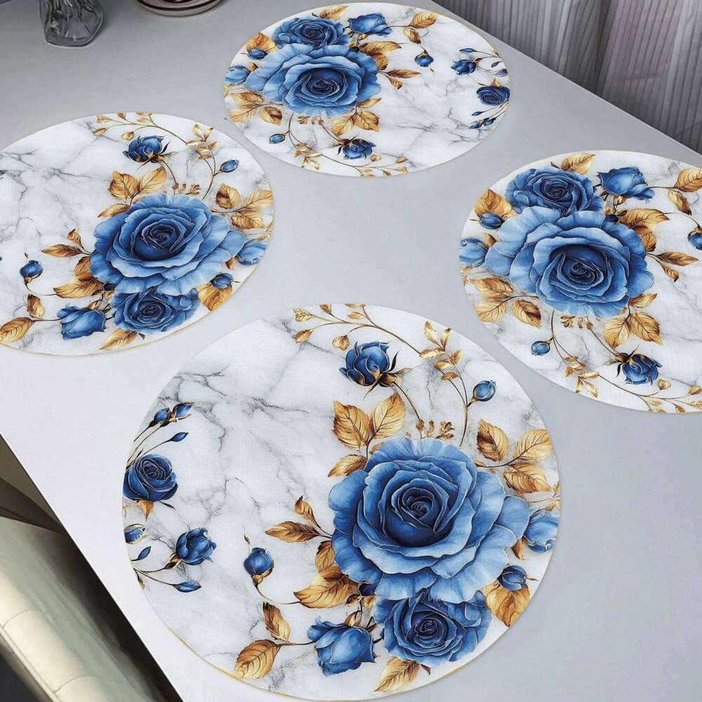 Set Of Blue Rose Patterned Round Heat Resistant Modern Art Style Decorative Placemats Table Decoration