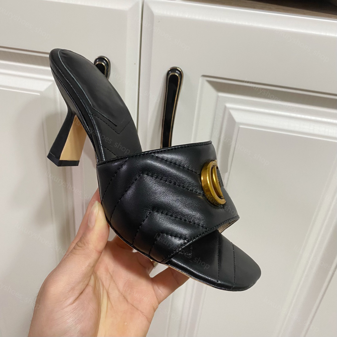 Open Toes Stiletto Heel mules Slippers Ladies luxury designer slippers sandals 7.5cm fashion metal letters flip-flops leather women's dress sexy formal sandals 34-43