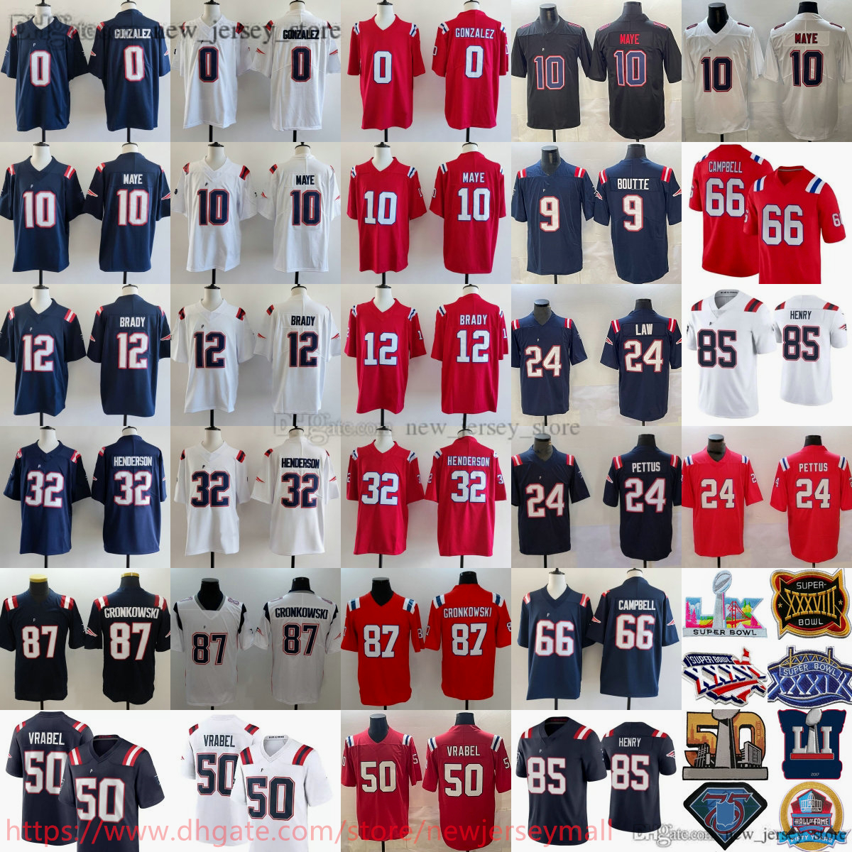 2026 New 10 Drake Maye Jersey Football 0 Christian Gonzalez 8 Stefon Diggs 87 Rob Gronkowski 32 TreVeyon Henderson 85 Hunter Henry 66 Will Campbell 12 Tom Brady Jerseys
