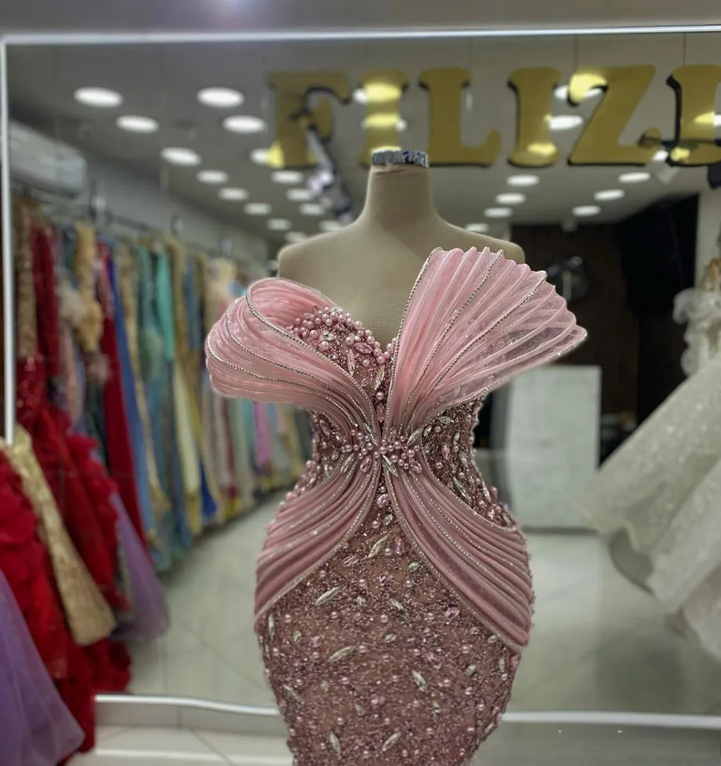 Plus Size Dusty rose Pink Prom Dresses for Black Women Promdress Illusion Beaded Lace Pearls Rhinestones Decorated Birthday Party Dress Second Recepti