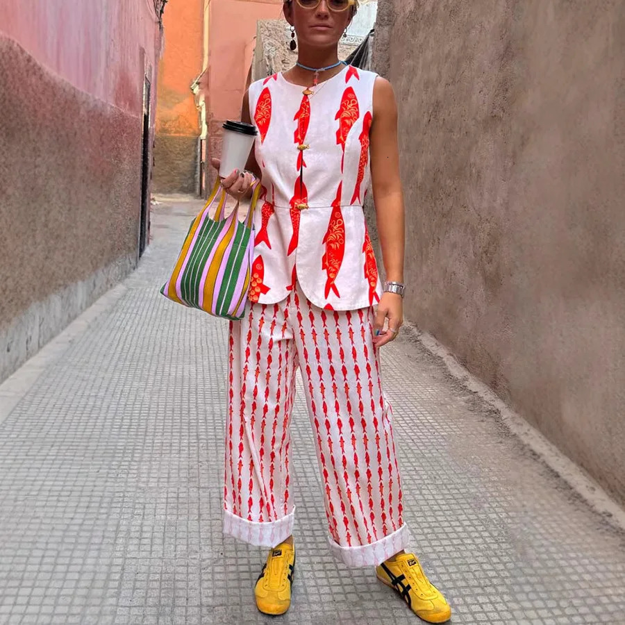 Summer Women Cartoon Red Fish Print O Neck Tank Top And Straight Female Long Pants Short Sleeve Shirt Wide Leg Pant 2 Piece Sets 260109