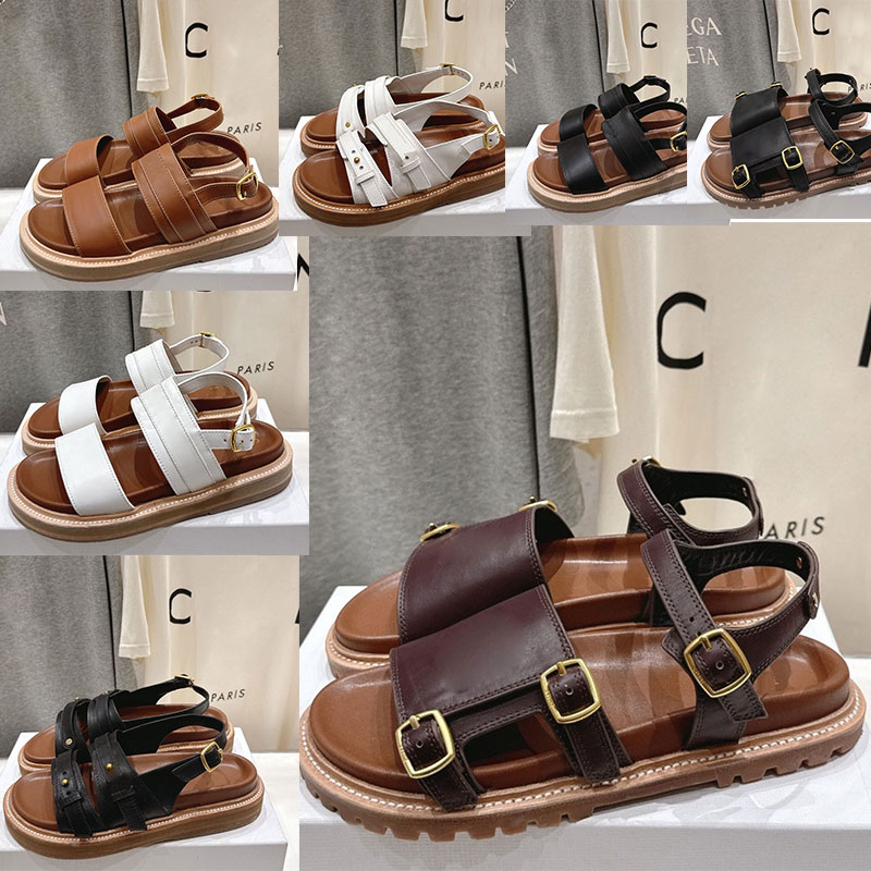 Tippi Triomphe Sandal In Suede Calfskin Ladies Roman Flat Sandals 359815120C Designer Retro sandals Leather Trim Adjustable Buckle Rubber Outsole Size 35 42