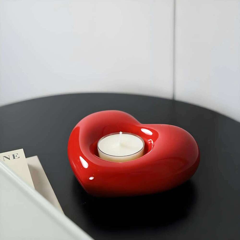 Gift Valentine's Day Ceramic Red Heart Candlestick Tea Lamp Candlestick Stand Tray Creative Ornament Dining Table Festival & Decoration