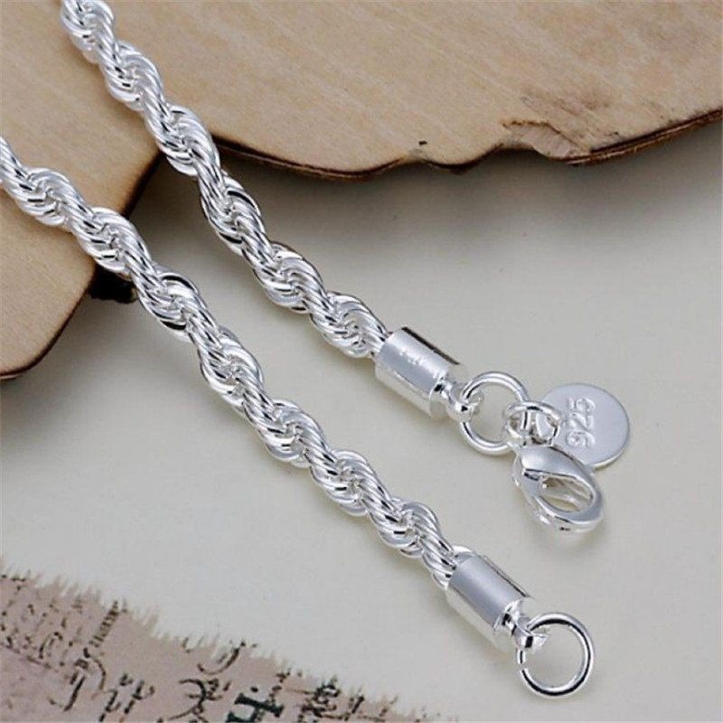 Fashion Jewelry Fried Dough Twists Bracelet Jewelry Silver Plated 4MM Twinkle Rope Bracelet Birthday Gift for Men and Women