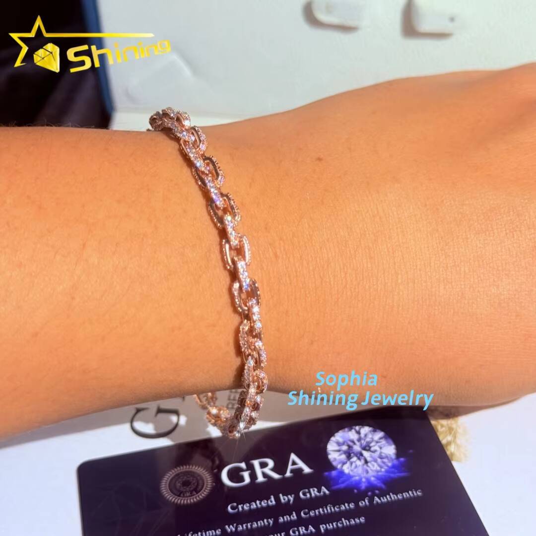 Fashion Sterling Silver 925 VVS Moissanite Lab Diamond Hip Hop Jewelry 14K Real Rose Gold Plated Cuban Link Chain Bracelet