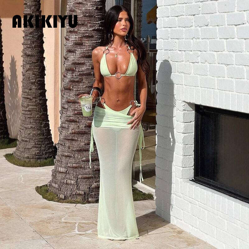 Three Pieces Hollow Out Swimsuit With Cover Up Sexy Swimwear Women Bikini Female Swimming Suit Long Skirt Bodysuit Beachwear AKIKIYU