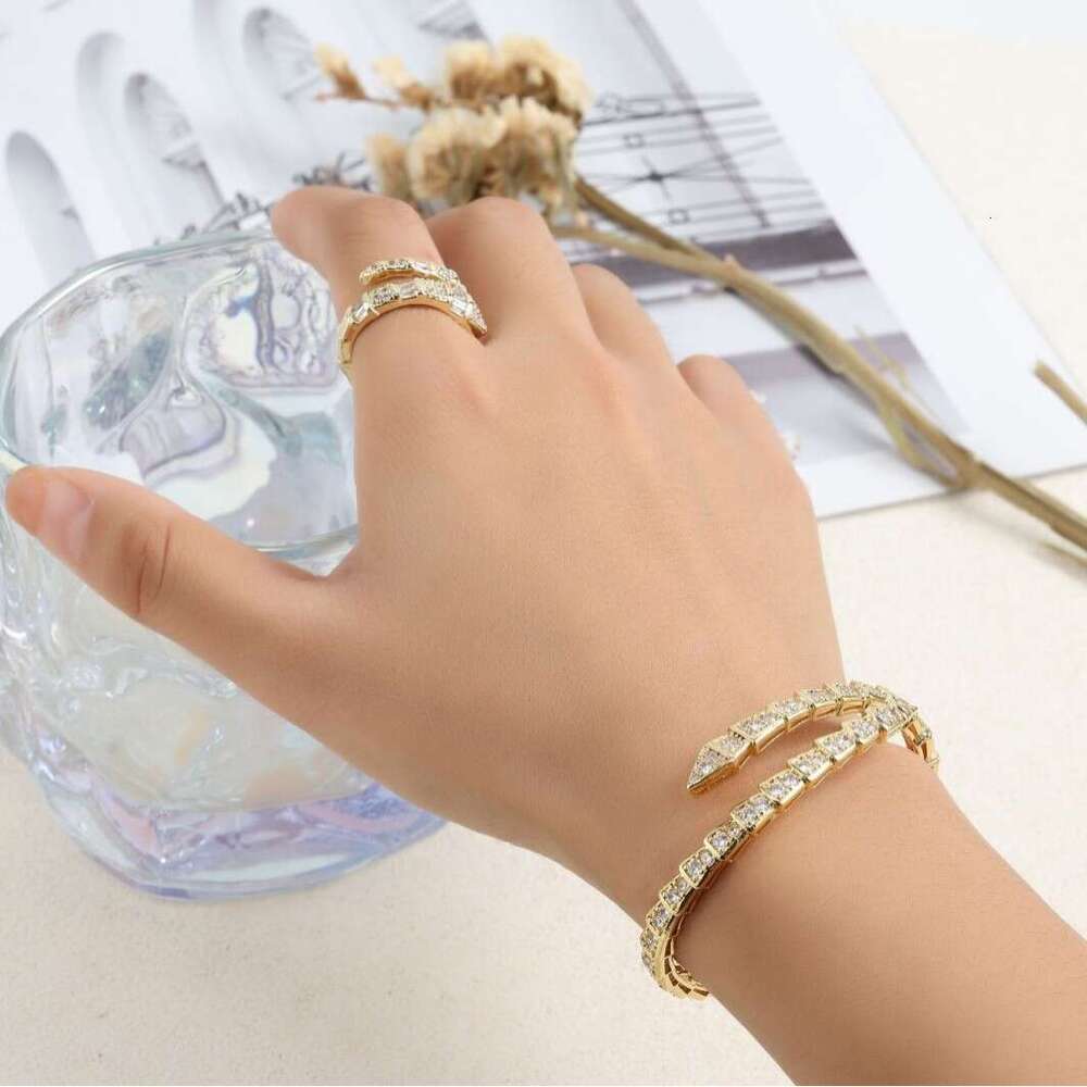 New Micro-Inlaid Zircon Bracelet Light Luxury Full Diamond Snake Bone Spring Open Fashion Women's Ring Jewelry