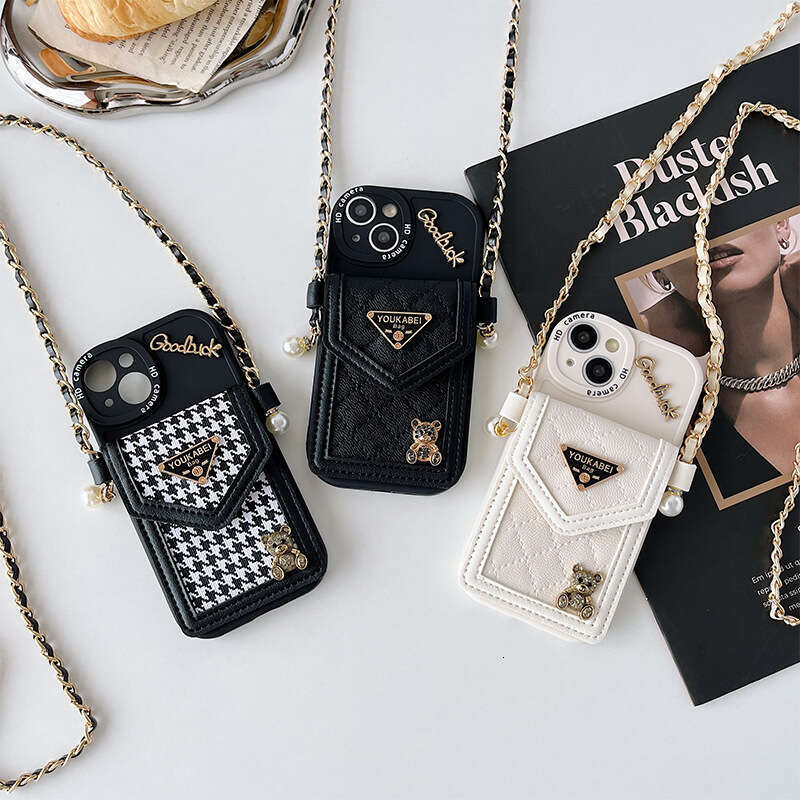 Crossbody iPhone Case with Coin Purse & Card Holder, Houndstooth Leather Design with Bear Emblem & Triangle Logo, Compatible with iPhone 17 Pro Max/16