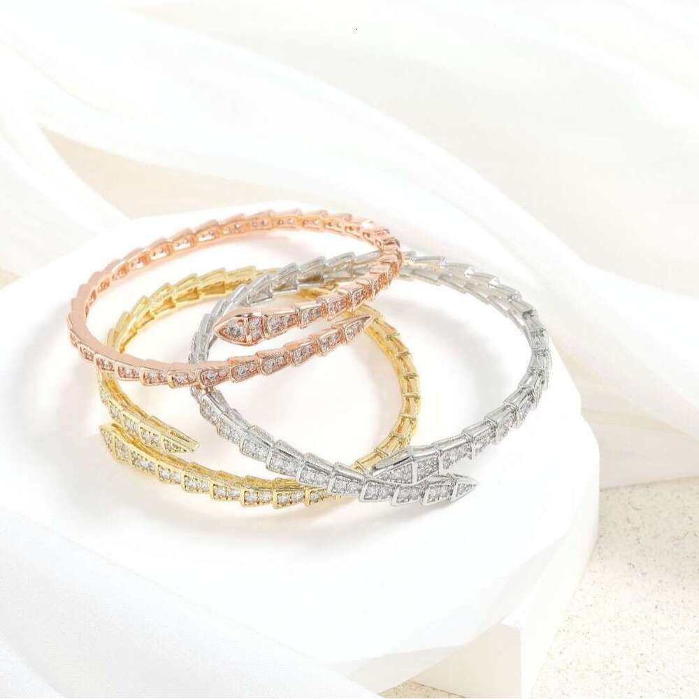 New Micro-Inlaid Zircon Bracelet Light Luxury Full Diamond Snake Bone Spring Open Fashion Women's Ring Jewelry
