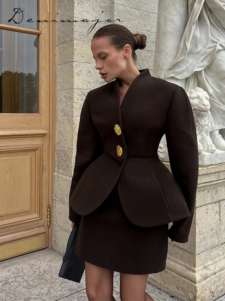 Brown Woolen Jacket Mini Skirt Sets Women Slim Waist Metal Button Long Sleeve Coat A-line Skirt 2025 Autumn 2 Pieces Outfits 260109 - view 4
