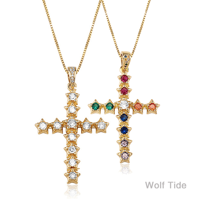 Colorful Full Crystal Spliced Cross Pendant Necklace Iced Out Multi Color Womens Ins Hip Hop Brilliant Starry Sky CZ Stones Jewelry Bijoux Gift For Wo