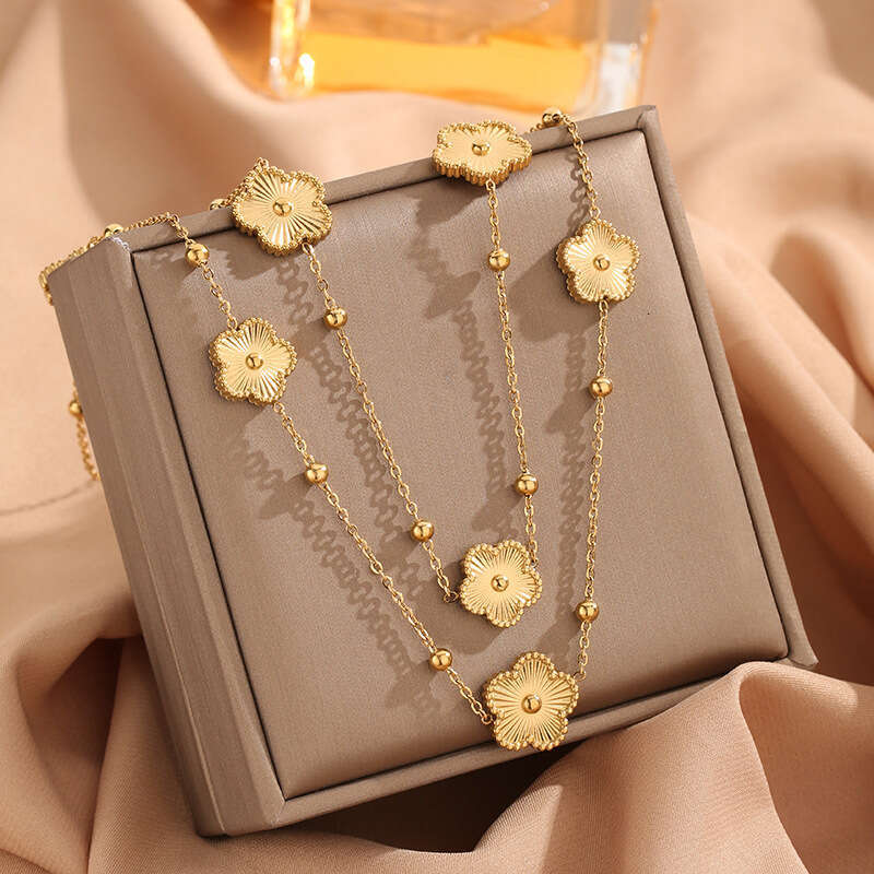 Factory Direct Sale Double-Sided Five-Leaf Flower Long Sweater Chain Light Luxury High-End Versatile Simple Elegant Titanium Steel Necklace