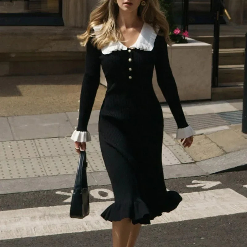 Retro Ladylike Knitted Dress with Lace Hem Autumn Winter Style Full Sleeve Knee Length Midi Dress Polyester Fiber Dress 260112