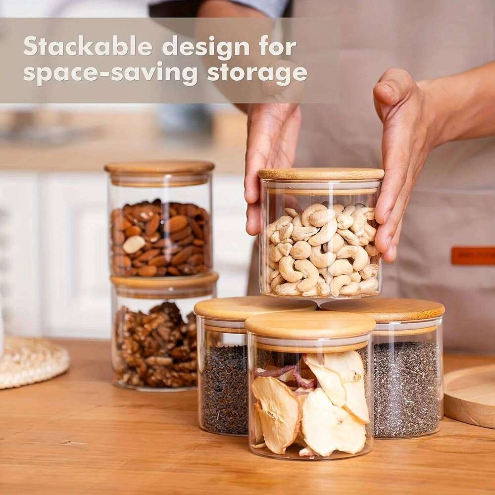 Kitchen Storage Round Airtight Glass Jars with Bamboo Lid Food Grade Storage Tank Stackable Containers for Spices Coffee Tea Pantry Kitchenware Organi