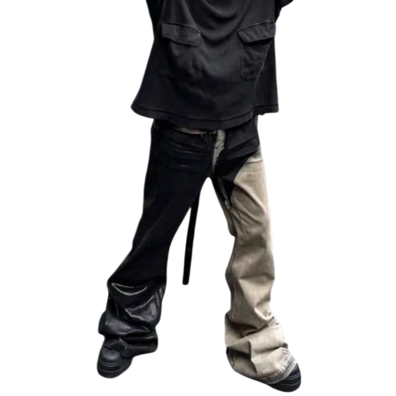 Men's Jeans--American High-Street RO-Style Flared Jeans, Patchwork Waxed Distressed Loose Floor-Length Pants---CJ001