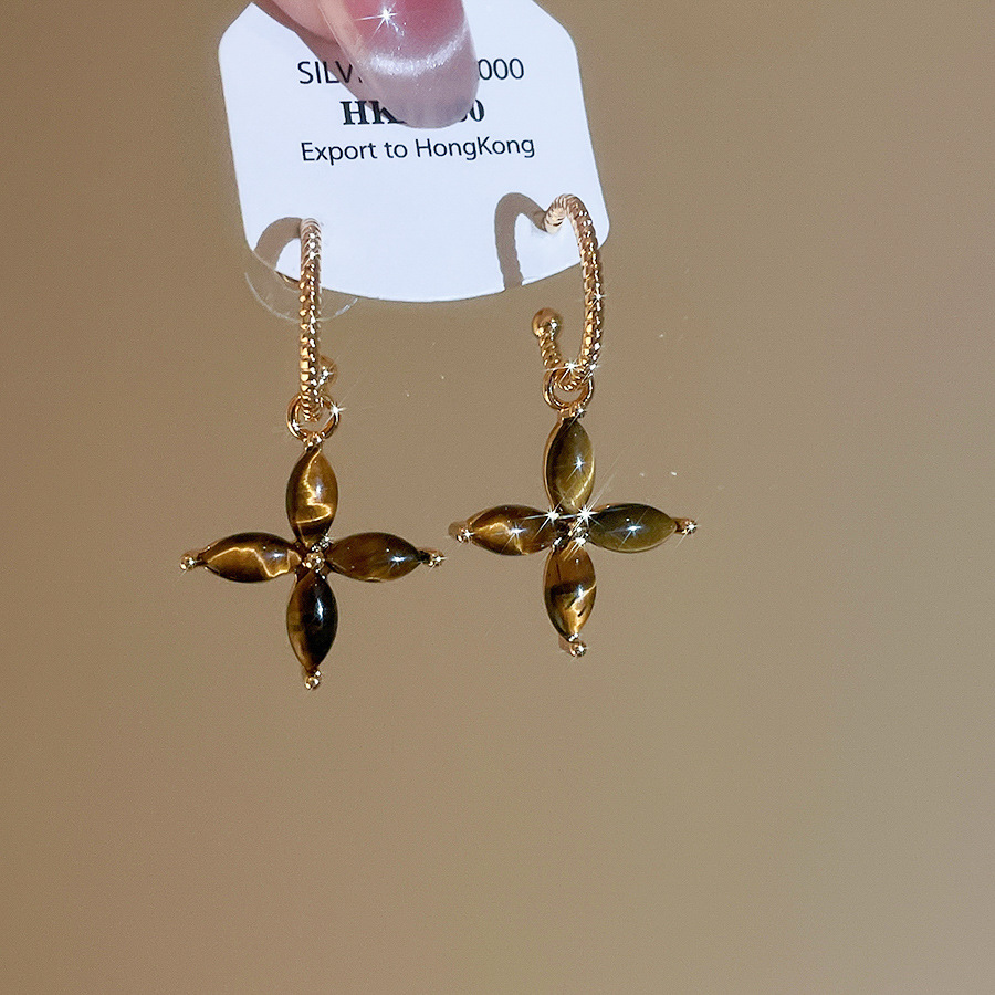 Real Gold Plated Tiger Eye Stone C-shaped Flower Melad Retro Elegant Versatile Earrings Light Luxury Niche Ear Jewelry - view 5