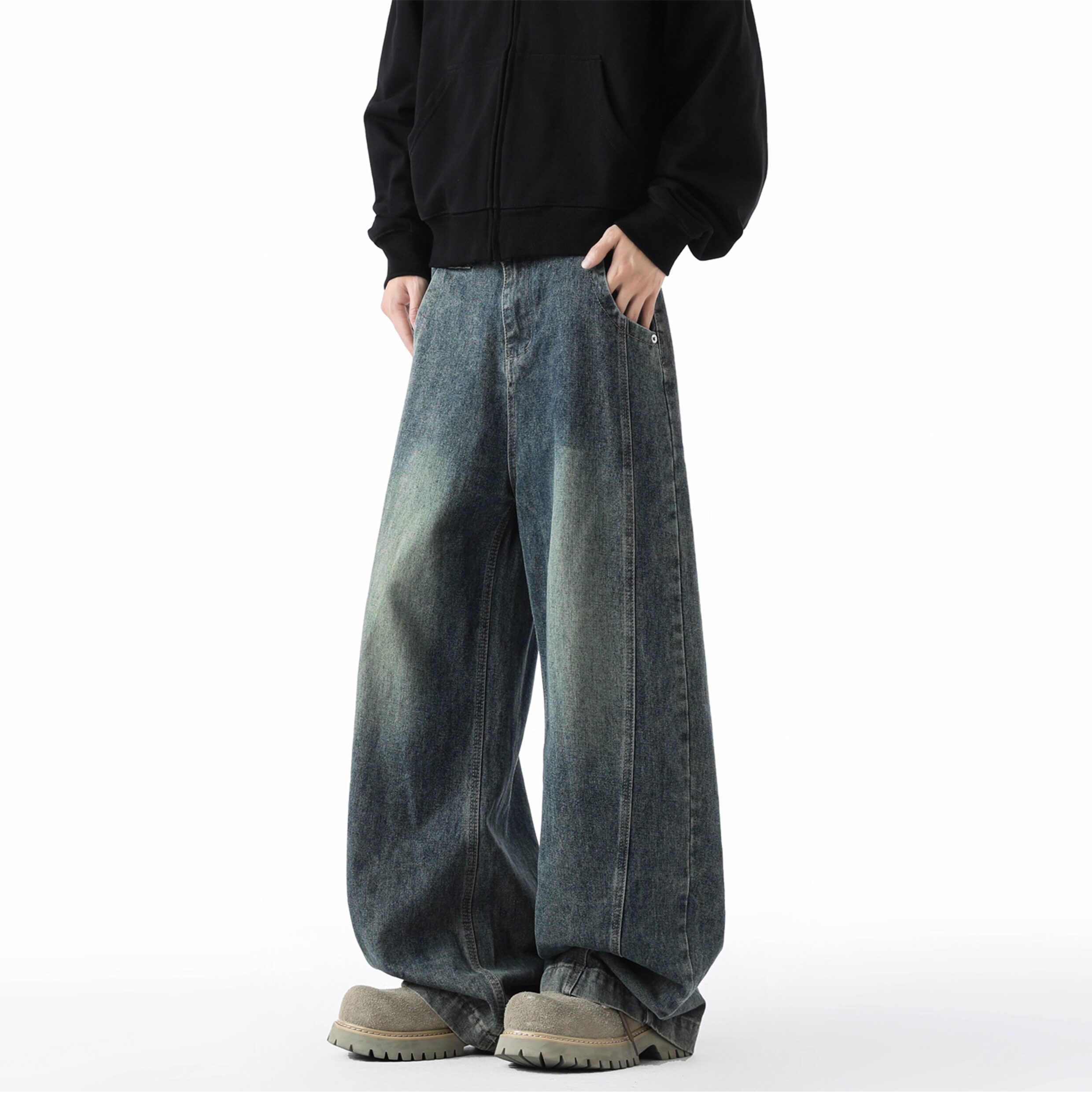 Men's American Streetwear Baggy Wide-Leg Jeans - Vintage Washed Slouchy Straight-Leg Casual Pants for Fall